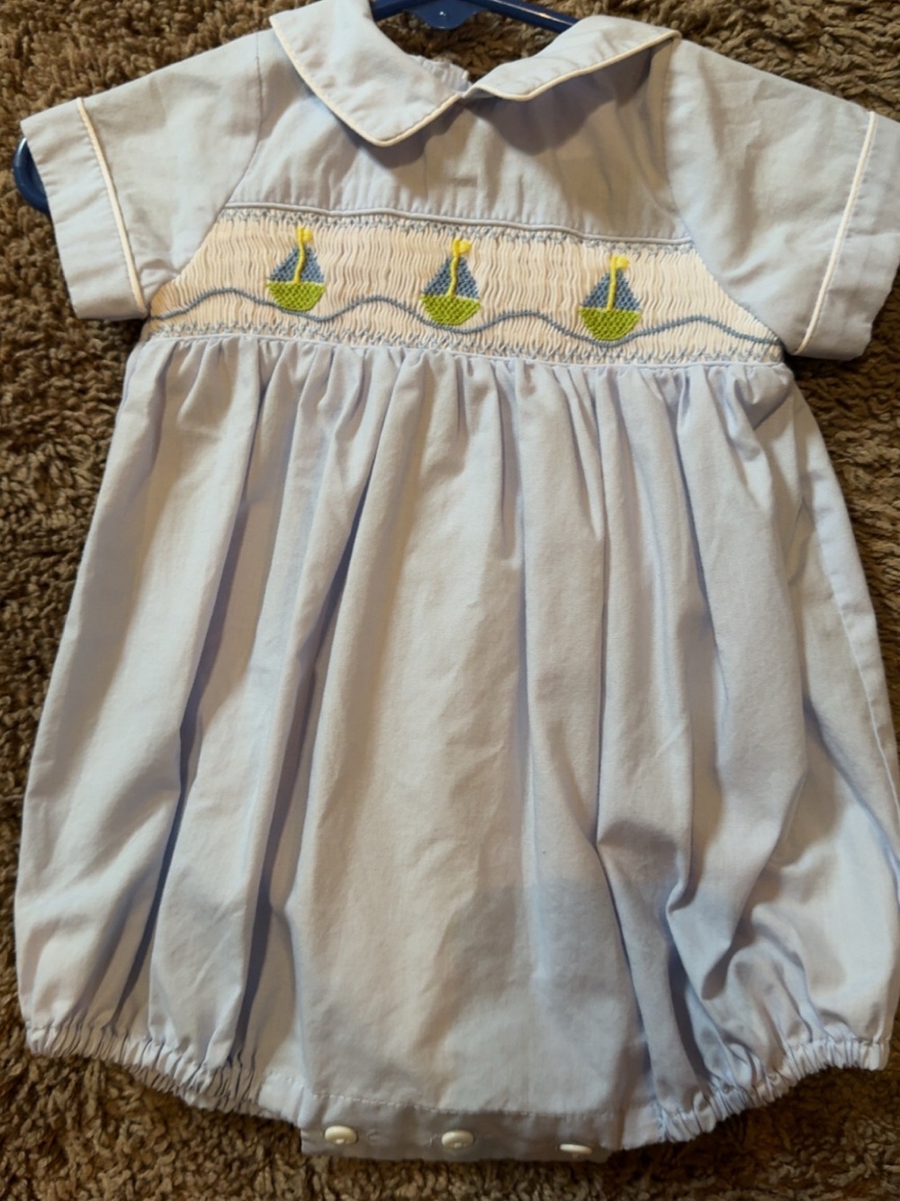 Light Blue Baby Bubble Romper with Green Sailboat Smocking